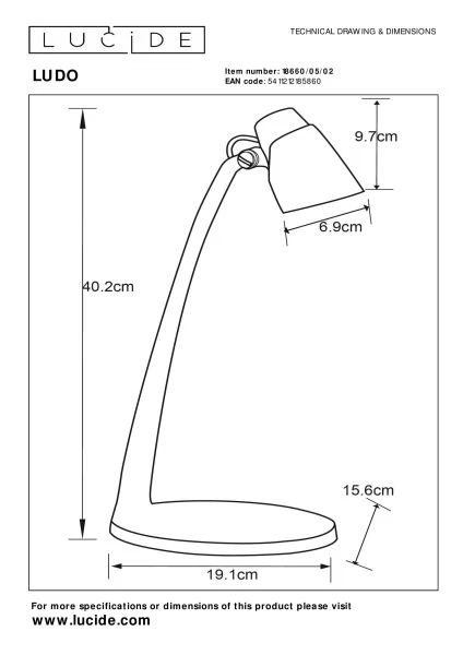 Lucide LUDO - Lampe de bureau - LED - 1x4,5W 3000K - Or Mat / Laiton - technique